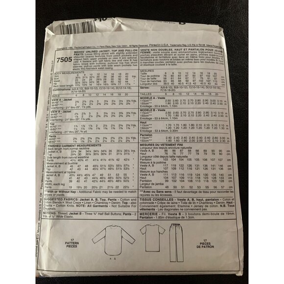 McCall's Misses Coat Shirt Pant Sewing Pattern Sz 6 - 10 M7505 - Uncut - Picture 4 of 9